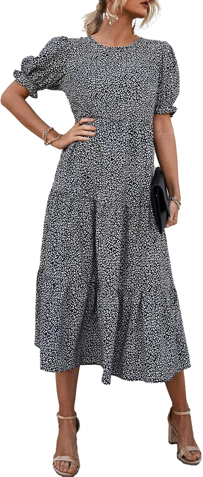 PRETTYGARDEN Women's Summer Casual Boho Dress Floral Print Ruffle Puff Sleeve High Waist Midi Bea... | Amazon (US)