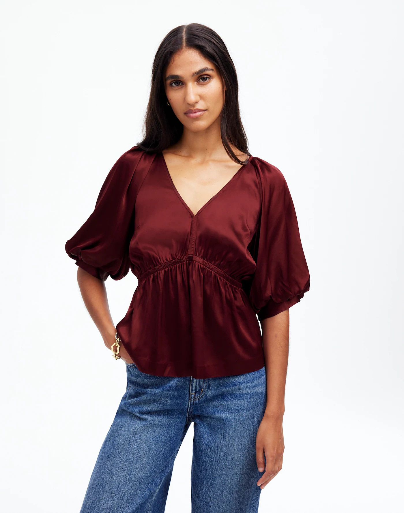 Shirred Puff-Sleeve Top in Satin | Madewell