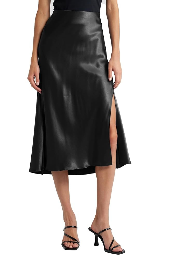 Women Solid High Waist Silky Casual Elastic Satin Midi Slit Skirt - Made in USA | Amazon (US)