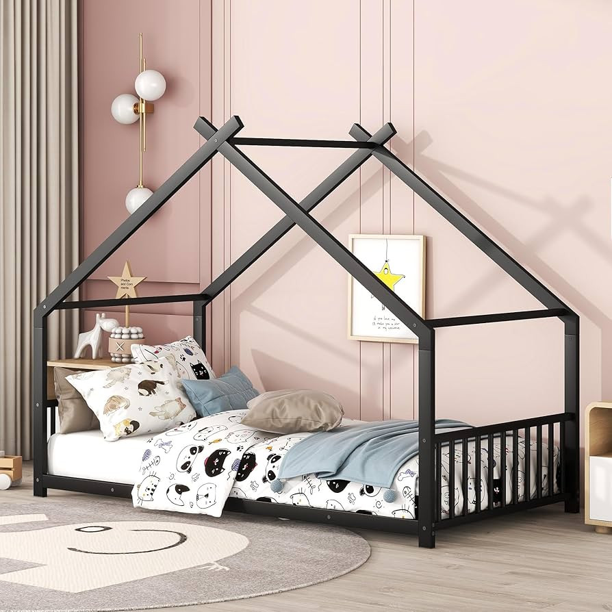 Twin Size Floor Bed Frame with Roof, Metal Montessori Bed with Headboard and Footboard, Twin Low ... | Amazon (US)