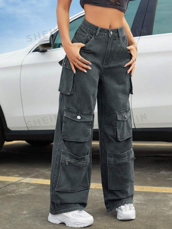 SHEIN ICON Women'S Cargo Style Denim Jeans With Pockets | SHEIN