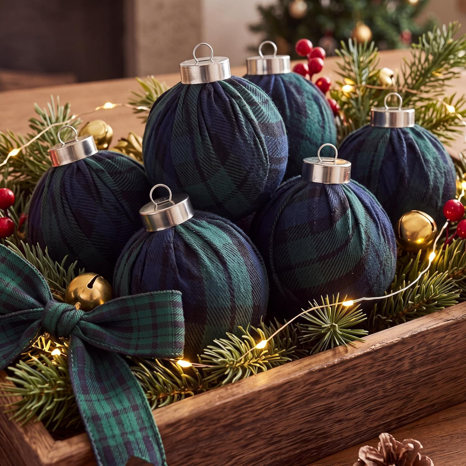 12 Pcs Christmas Tartan Plaid Ball Ornaments 2.76 in, Blue Green | Amazon (US)
