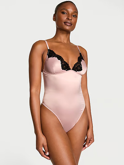 Dream Angels Satin Lace-Trim Bodysuit, Beige, S - Women's Bodysuits - Victoria's Secret | Victoria's Secret (US / CA )