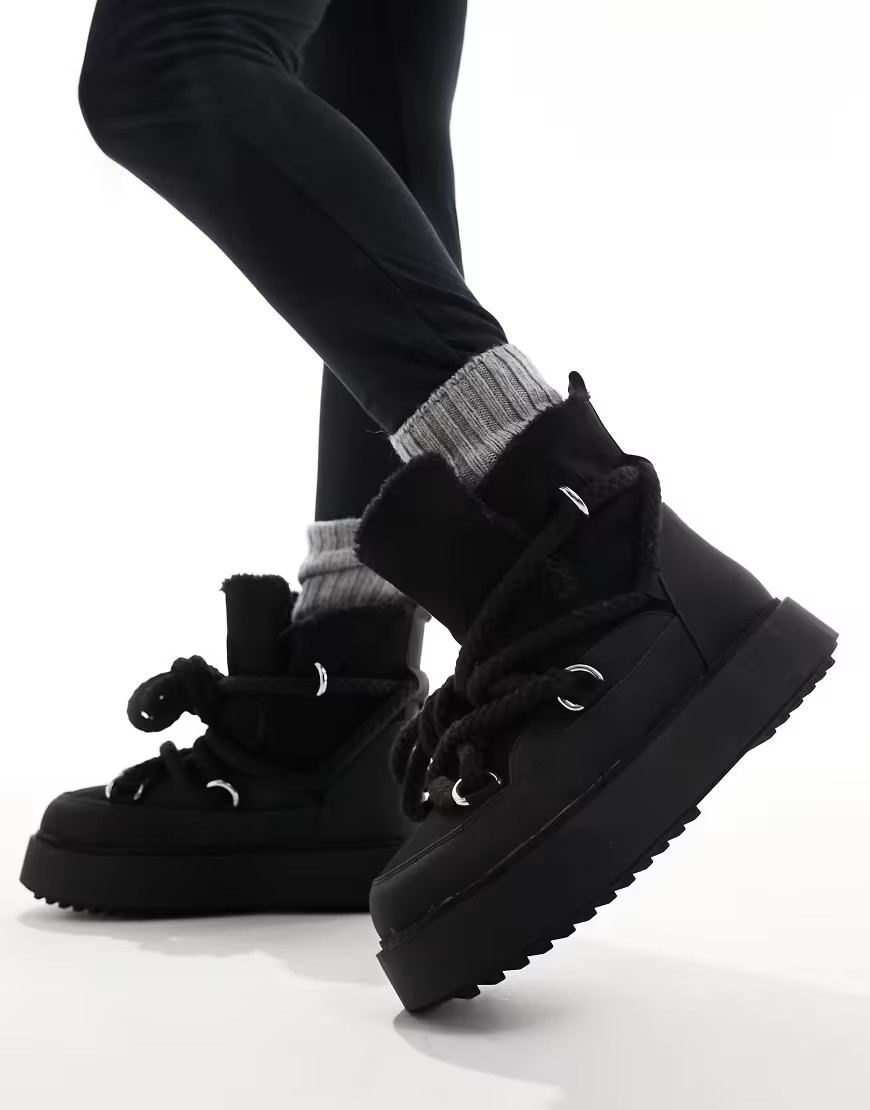 ASOS DESIGN Alpine shearling lace up snow boots in black | ASOS (Global)