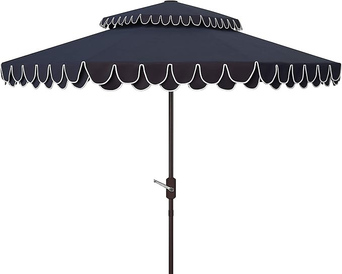 SAFAVIEH Outdoor - Valance 9-Foot Double-Top Patio Umbrella - Navy & White Canopy - Brown Aluminu... | Amazon (US)