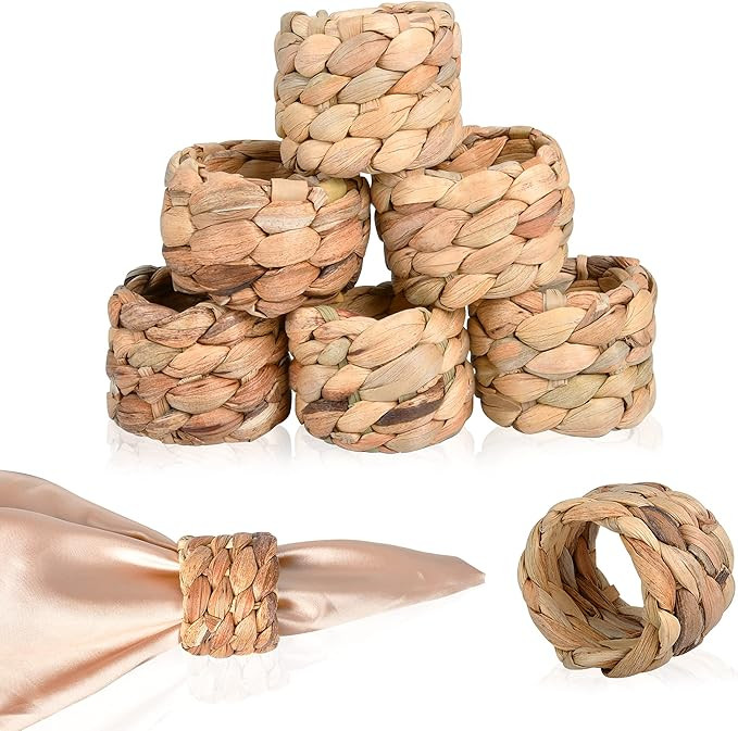 Amazon.com: Worldity Round Woven Napkin Rings Set of 8, Handmade Natural Water Hyacinth Rustic Napki | Amazon (US)