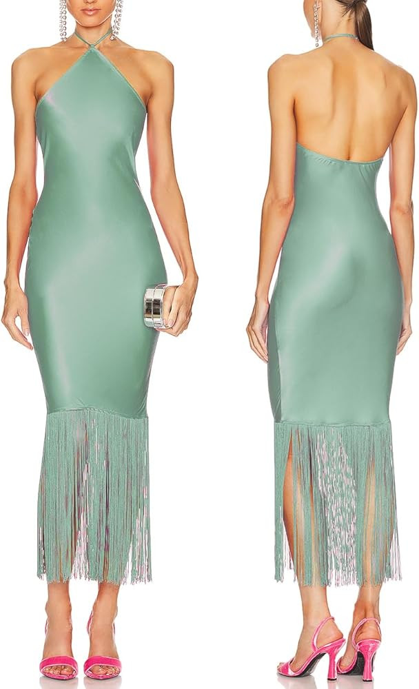 JLCNCUE Women Halter Neck Bodycon Midi Dress Fringe Hem Party Dress Sleeveless Open Back Tassels ... | Amazon (US)