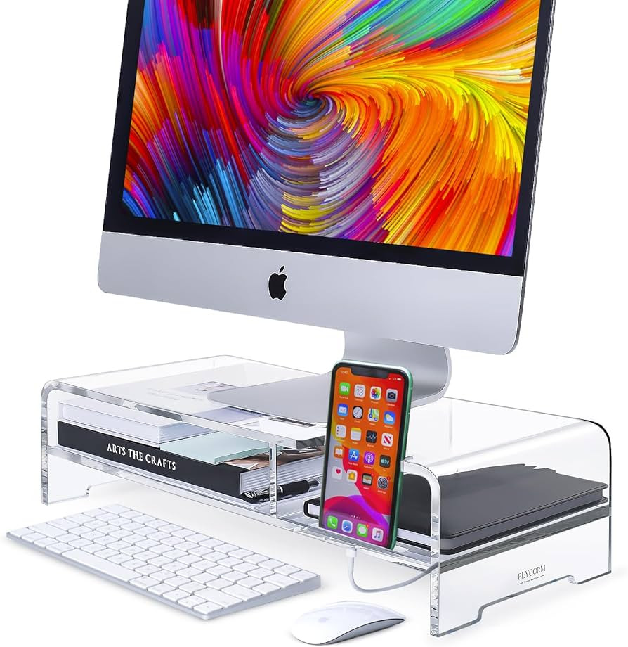 BEYGORM Acrylic Monitor Stand Riser, Wide 20", 2 Tier Computer with Storage, Desk Organizer Deskt... | Amazon (US)