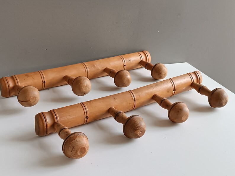 French set of 2 coat hanger hat rack vintage with 4 hooks wood bamboo vintage / design shabby chi... | Etsy (US)