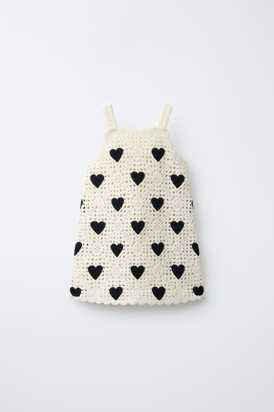Zara - Crochet Knit Heart Dress - Ecru / Black - 3 Years (38,6 Inches) - Kids | Zara US