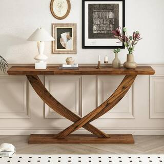 Haven 57 in. Modern Cross Leg Rectangle MDF Console Table, Brown | The Home Depot