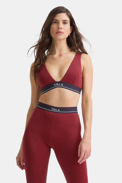 DAYFLEX V NECK LOGO BAND SPORTS BRA - VINTAGE RED | TALA (UK)