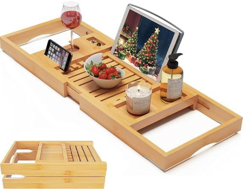 Foldable Bamboo Bathtub Caddy Tray Expandable for Luxury Bath, Bath Accessories & Table with Wine... | Amazon (US)
