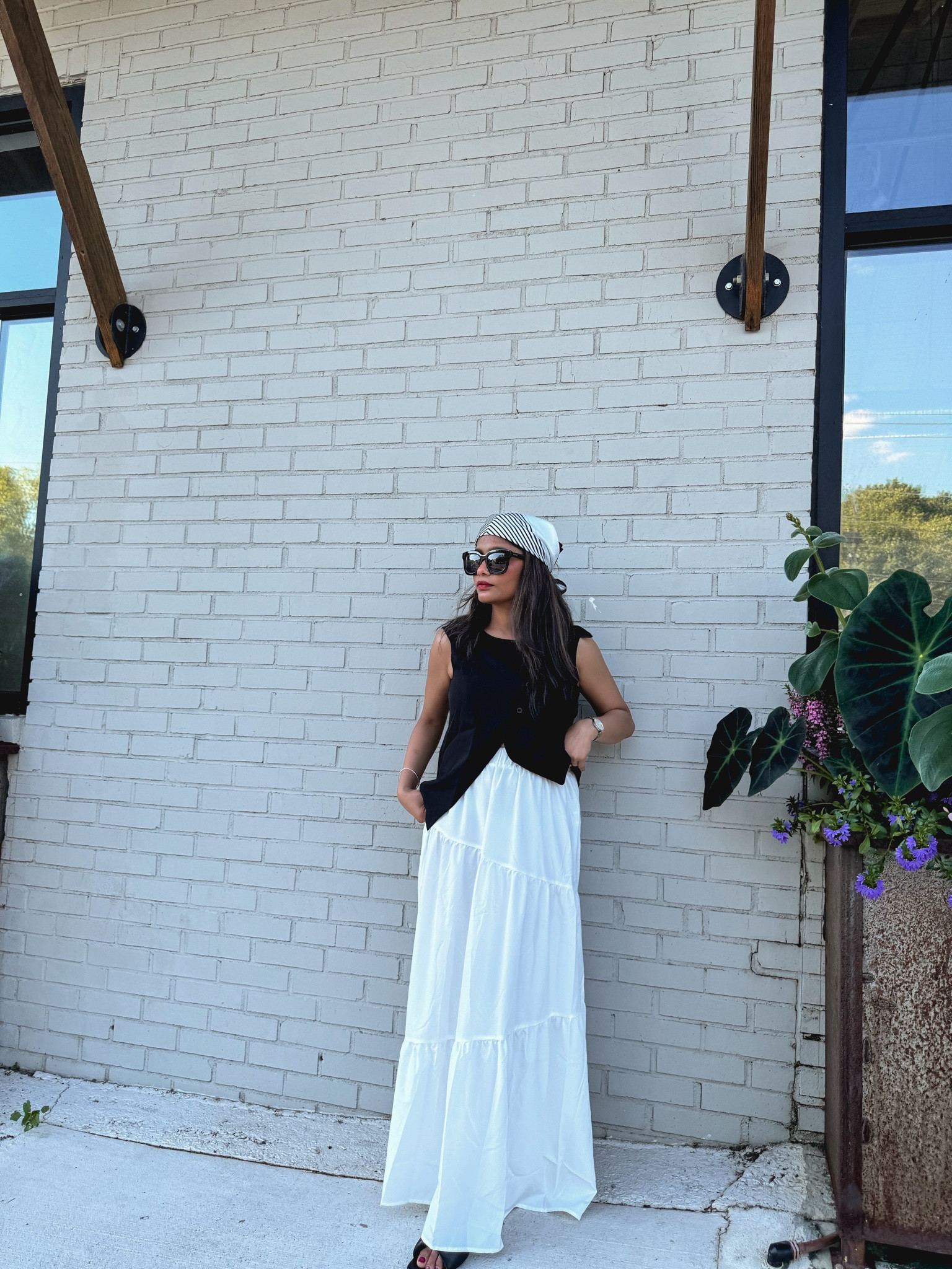 Long white skirt, wearing small 

Black suit/vest top—wearing small. 
White linen shorts—small 
Classic leather belt with gold hardware (very versatile)

Silk black and white scarf. 



#LTKSeasonal #LTKFindsUnder50 #LTKStyleTip