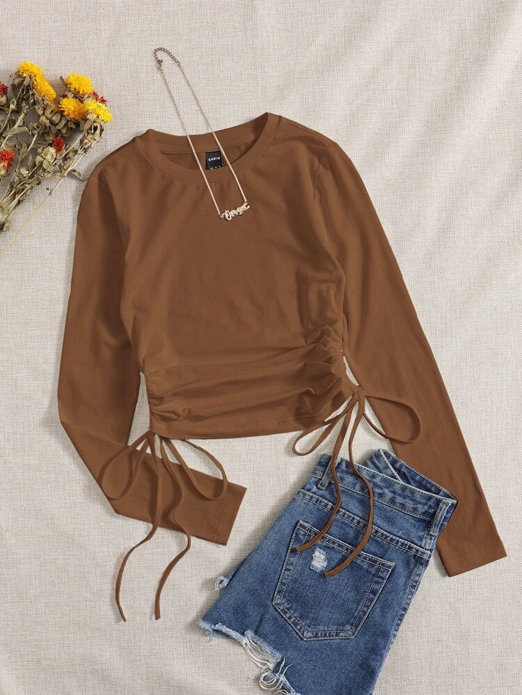 SHEIN EZwear Drawstring Ruched Solid Tee | SHEIN