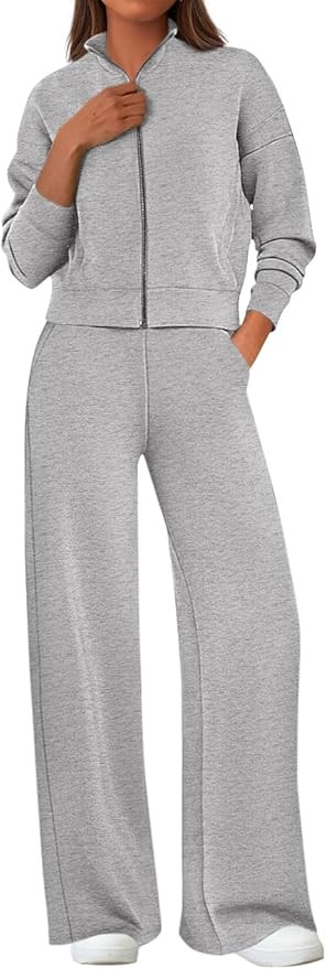 PRETTYGARDEN Women's 2 Piece Outfits Spring Sweatsuits Zip Up Sweatshirt Wide Leg Sweatpants Casu... | Amazon (US)