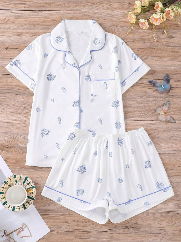 2pcs Set Cute Seahorse & Shell Printed Women Pajamas Set, Short Sleeve Lapel Top And Elastic Waist Shorts, Women Casual Sleepwear Loungewear For All Seasons, Two Pieces Set | SHEIN