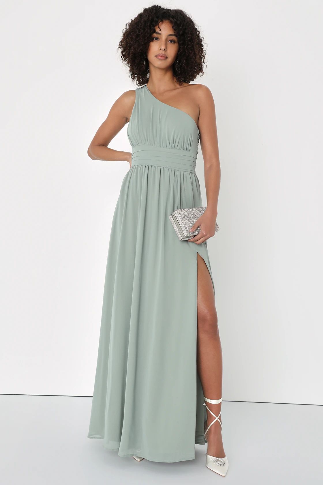 Graciously Gorgeous Sage Brush One-Shoulder Cutout Maxi Dress | Lulus