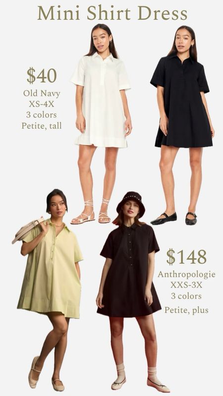 I’m loving these mini shirt dresses for spring! These Old Navy and Anthropologie dresses are so similar, and I love them both! Both come in 3 colors, include petite and plus sizes, and have such similar silhouettes! Dress it down with sneakers, style it with ballet flats or sandals, or dress it up with some heels. 
…………………
shirt dress, swing dress, Anthropologie Short-Sleeve Swing Tunic Mini Dress, Short-Sleeve Mini Shirt Dress green dress, black dress, white dress, blue dress, Anthropologie new arrivals, old navy new arrivals, old navy finds anthro dresses anthropologie dress plus size dress dress under $50 shirt dress under $50 wedding guest dress spring wedding guest dress bridal shower dress casual dress dress with sneakers travel dress resort wear resort style work dress teacher dress get the look for less anthropologie dupe shirt dress spring shirt dress

#LTKstyletip #LTKSpringSale #LTKfindsunder50