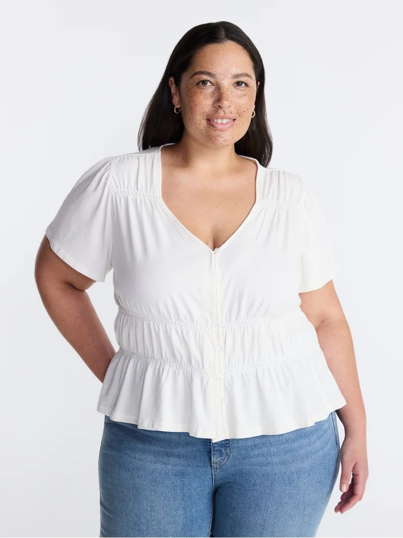 Terra & Sky Women\u2019s Plus Femme V Neck Smocked Top with Short Flutter Sleeves, Sizes 0X-5X | Walmart (US)