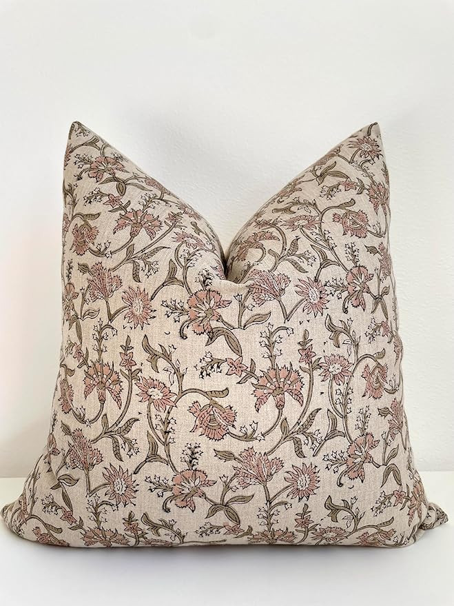 Hand Block Print Pure Linen Throw Pillow Cover: Handmade Vintage Cushion Cover (Penelope) (20x20) | Amazon (US)