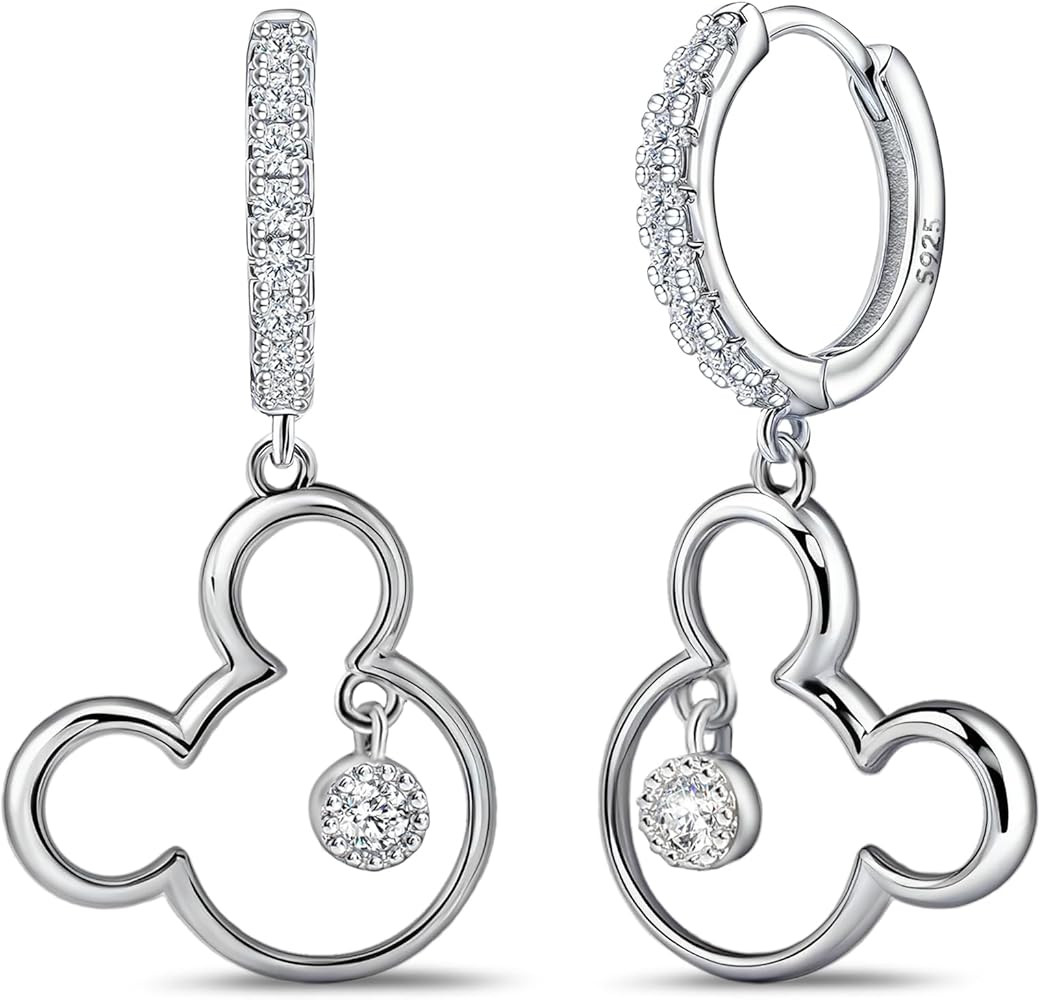 Mouse Earrings for Women Sterling Silver White Gold Mouse Dangle Hoop Earrings Sparkling CZ Lucky... | Amazon (US)