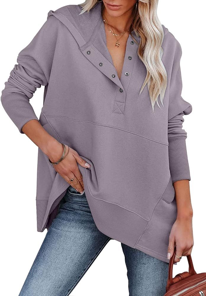 onlypuff Womens Oversized Hoodies and Sweatshirt V Neck Button up Loose Fit Henley Shirt 2022 Fall F | Amazon (US)