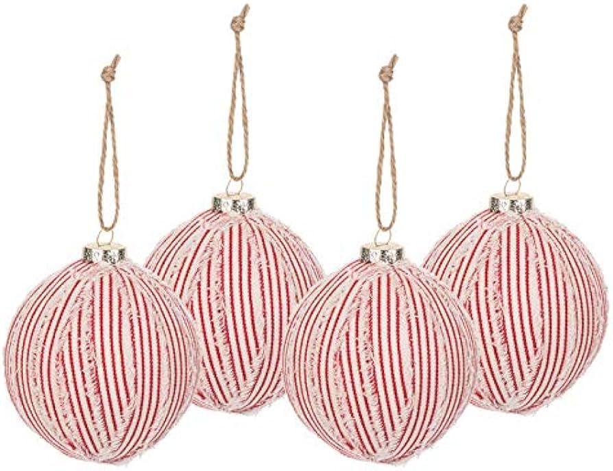 Red and White Ticking Striped Ball fabric Christmas Ornaments 4 Count | Amazon (US)