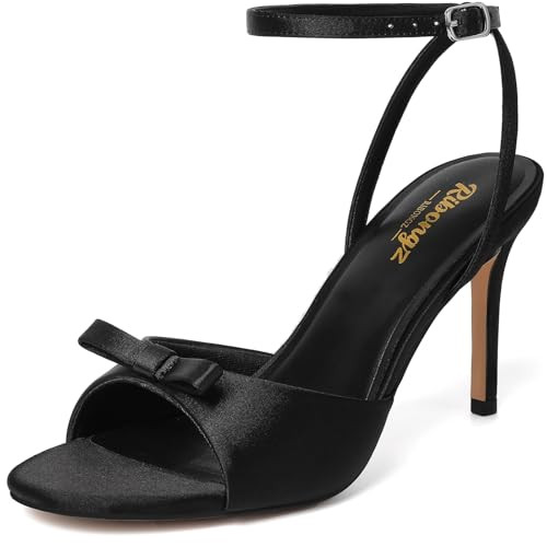 RIBONGZ Women's High Black Heels Round Open Toe Sexy Kitten Sandals Stiletto Heeled Pumps Ankle Strap Bridal Shoes with Bow Summer Wedding Party Casual Office Work 7 | Amazon (US)