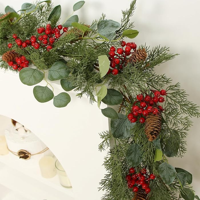 ZIFTY Christmas Garland for Mantle 5.9FT Artificial Pine and Cypress with Red Berries Eucalyptus ... | Amazon (US)