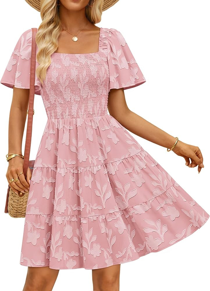 ZESICA Women's Summer Boho Floral Mini Dress 2026 Casual Short Sleeve Square Neck Swing Beach Vac... | Amazon (US)