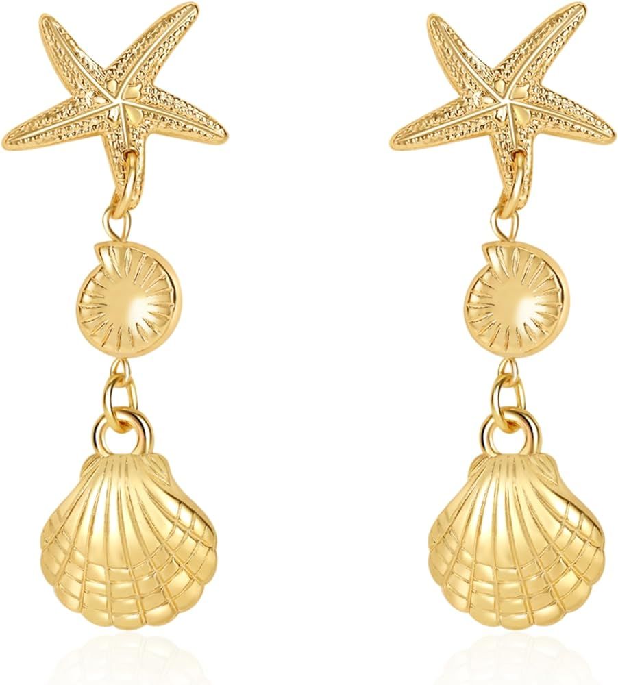 Starfish Earrings,18k Gold Plated Seashell Whelks Summer Sea Star Dangle Earrings Beach Chic Wome... | Amazon (US)