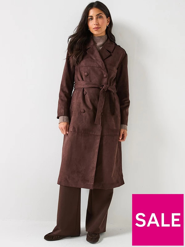 Only Faux Suede Trenchcoat - Dark Brown | Very (UK)