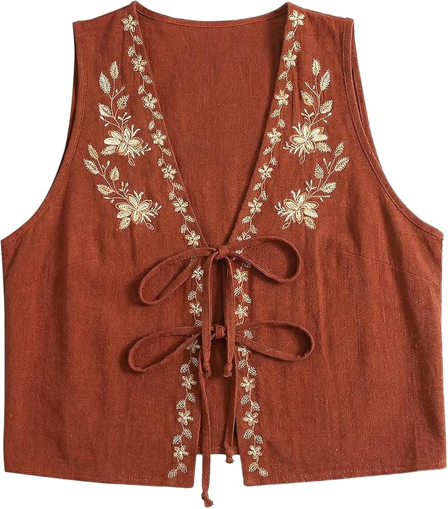 WDIRARA Women's Boho Floral Embroidery V Neck Tank Top Tie Front Sleeveless Tops | Amazon (US)