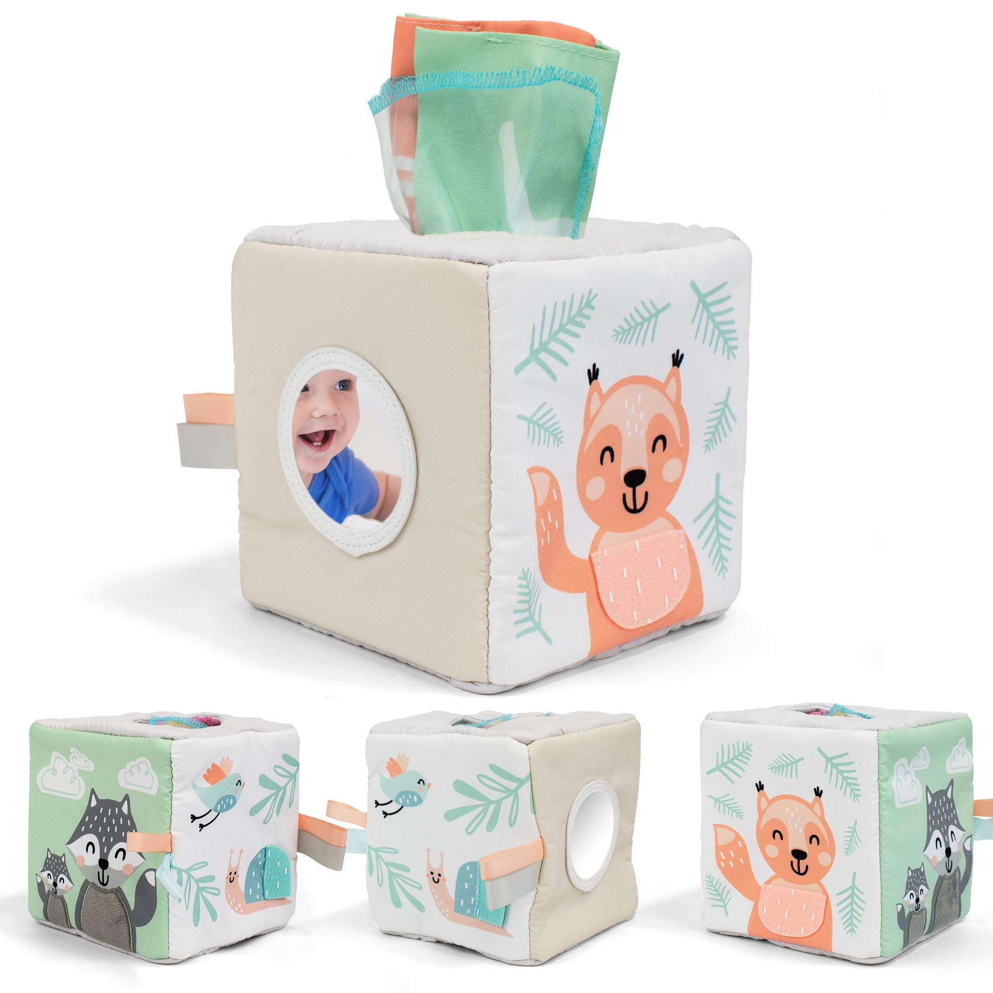 Fun Baby Tissue Box with Stimulating Mirror For Endless Entertainment - Soft Montessori Toy w/ Cr... | Amazon (US)