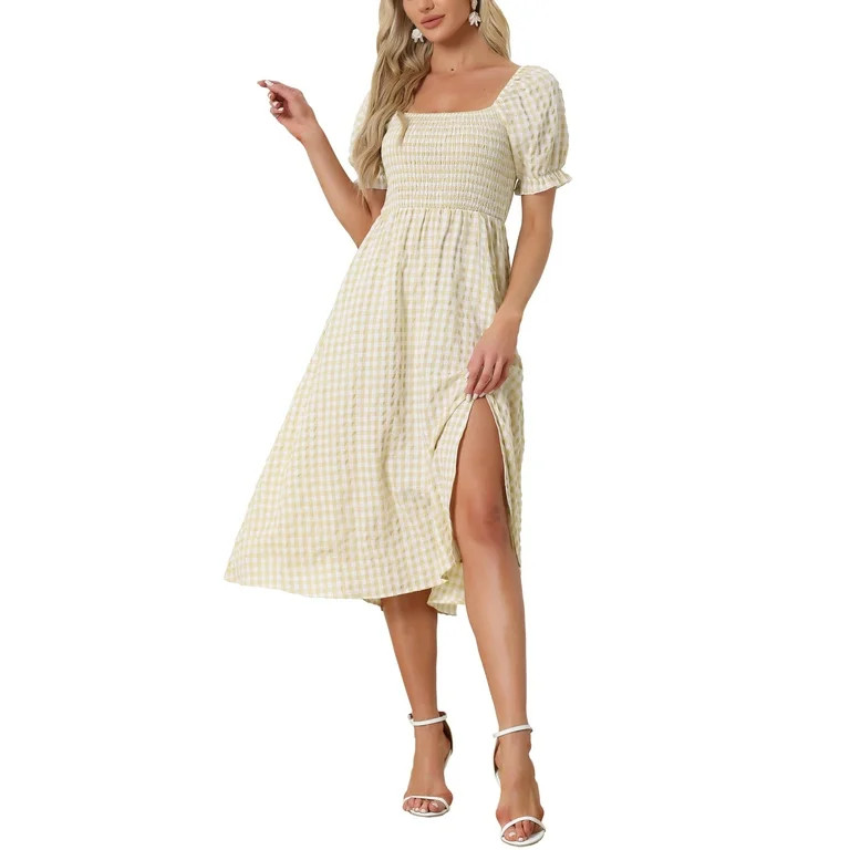 Allegra K Smocked Dress for Women's Puff Sleeve Square Neck Gingham Dresses | Walmart (US)