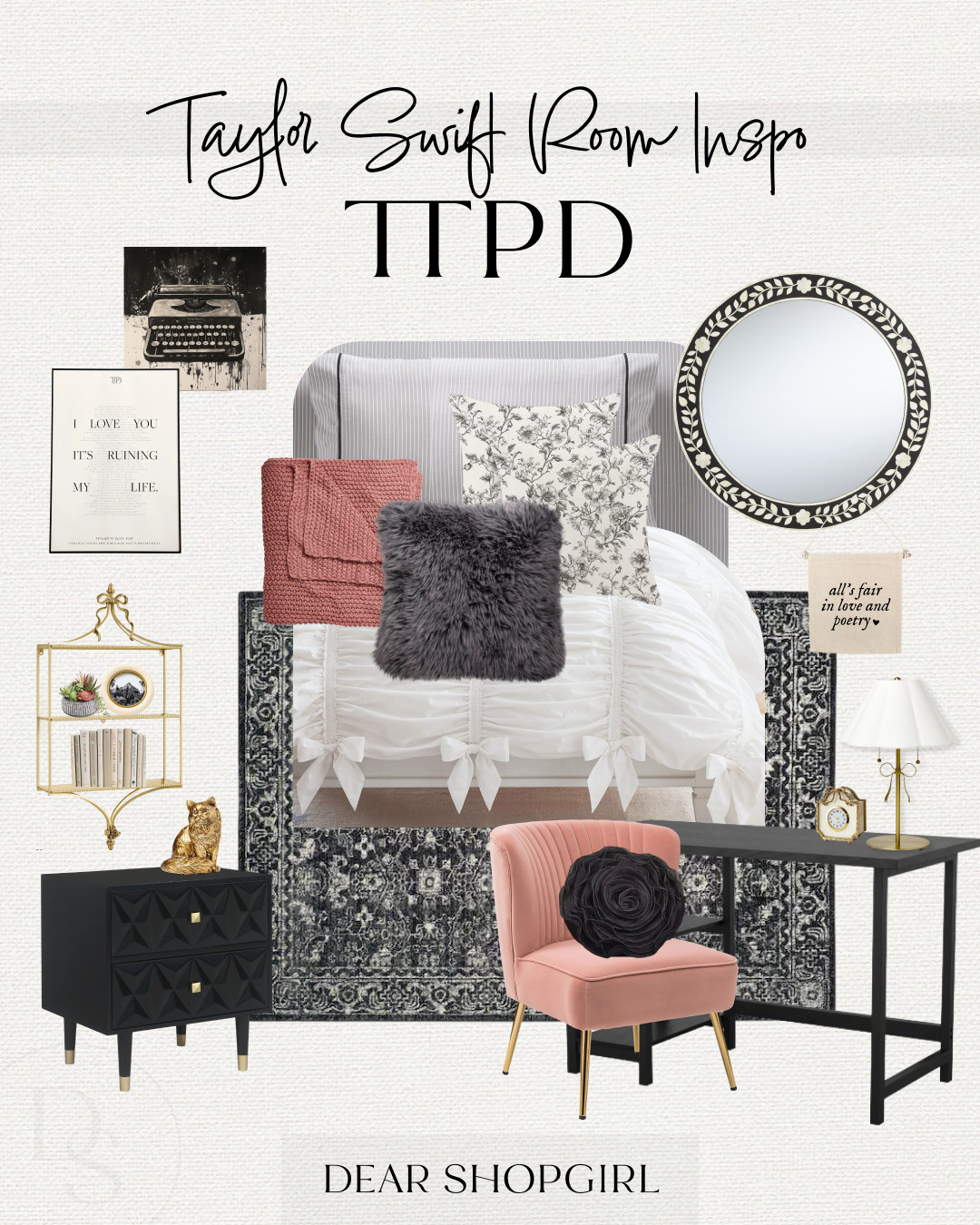 A room fit for a tortured poet 🖤 Bedroom inspo for the Swiftie fan in TTPD style. Mostly black and white decor with a pop of blush. White bedding, pink chair, dark rug, black furniture, Taylor swift wall art, inlay mirror, rose pillow, pottery barn loveshackfancy bow bedding, chunky knit throw, dorm room 

 #LTKHome #LTKFindsUnder50 #LTKKids