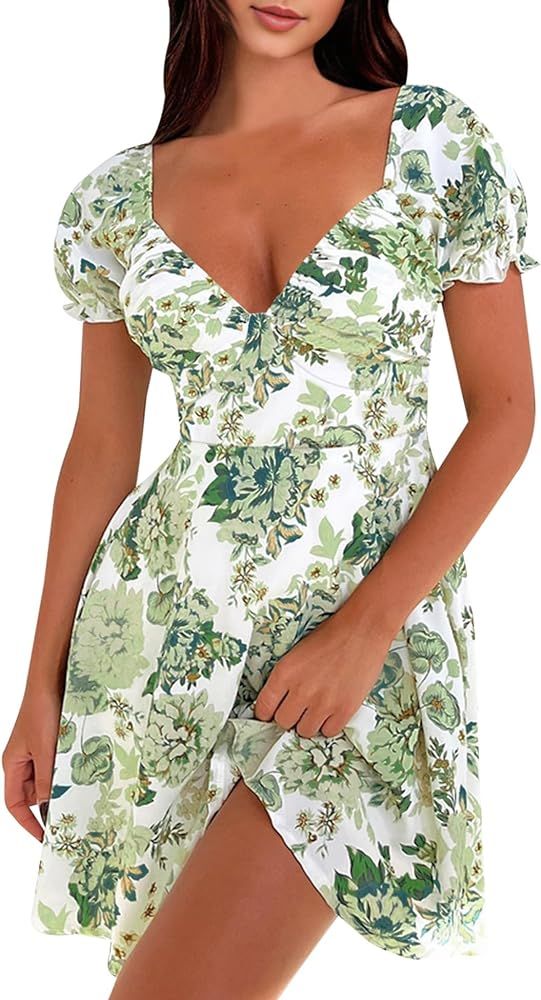 SPRIME Women's Summer Casual Dress V Neck Short Puff Sleeve Midi Dresses Floral Print High Waist ... | Amazon (US)