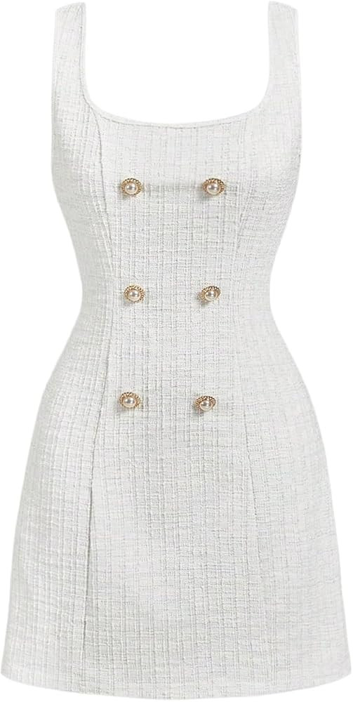 Floerns Women's Plaid Tweed Dress Sleeveless Square Neck Elegant Work Mini Dress White Medium at ... | Amazon (US)