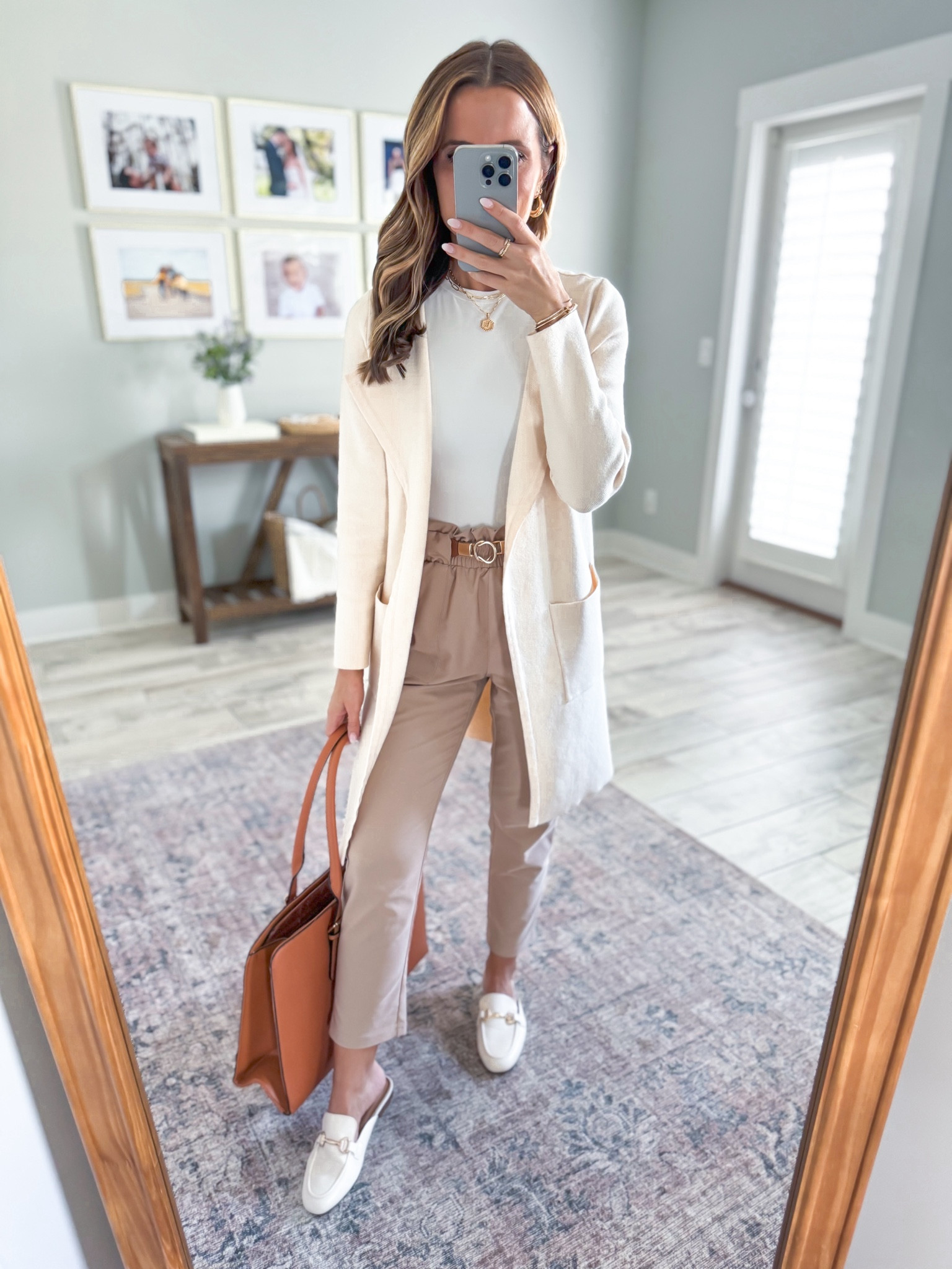 Amazon work outfit. Amazon workwear. Amazon business casual. Amazon teacher outfit. Amazon ankle straight pants in XS, color camel, Amazon bodysuit in XS. Amazon coatigan in XS, beige. Neutral workwear. Mules are TTS. Amazon work tote. 

#LTKfindsunder50 #LTKworkwear #LTKshoecrush