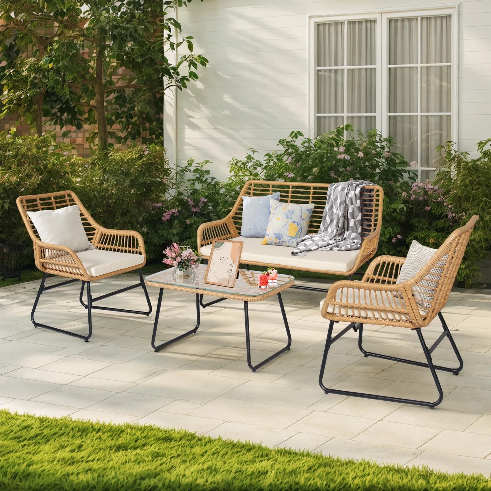 Tappio 4-Piece Rattan Patio Furniture Set, Outdoor Wicker Conversation Set with Tempered Glass Ta... | Walmart (US)