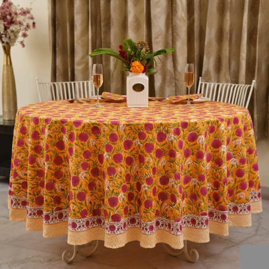 Ridhi -Bubblegum Pink Cotton Tablecloth, Handblock Print Floral Table Cloth for Kitchen Dining Li... | Amazon (US)