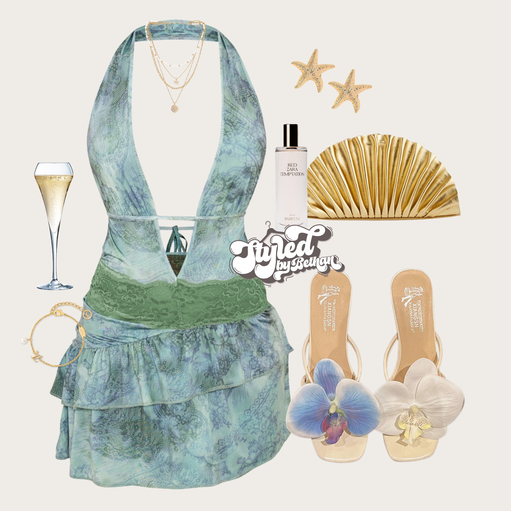 Ibiza inspo 🌊✨ tags: pretty little thing blue and green halterneck mini dress, cult gaia gold shell bag, shein flower heels, shein gold starfish earrings, revolve gold layered necklace, Louis Vuitton gold bracelet. Ibiza summer vacation holiday evening, cocktails, drinks with the girls, city break, Greece outfit inspiration inspo

#LTKeurope #LTKpartywear #LTKsummer