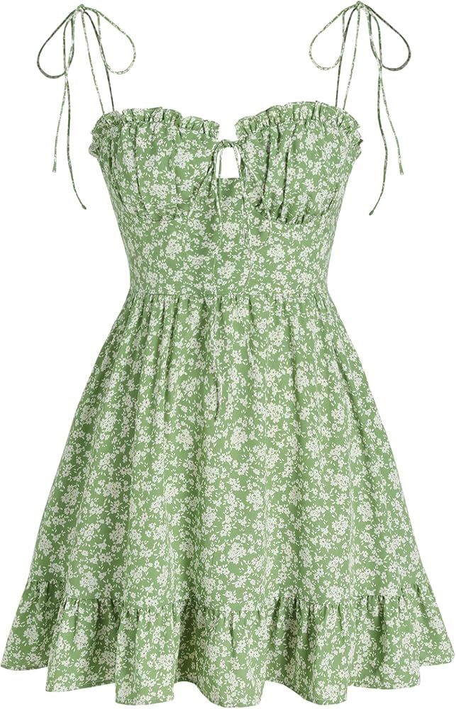 CIDER Santorini Beach Vacation Ditsy Floral Tie Shoulder Mini Dress | Amazon (US)