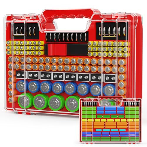 Battery Organizer Storage Holder Box Case with Tester, Stores & Protects Up to 260 Batteries, Double-Sided, Clear Locking Lid, Secure Latches & Portable Carrying Handle - Red (Batteries Not Included) | Amazon (US)