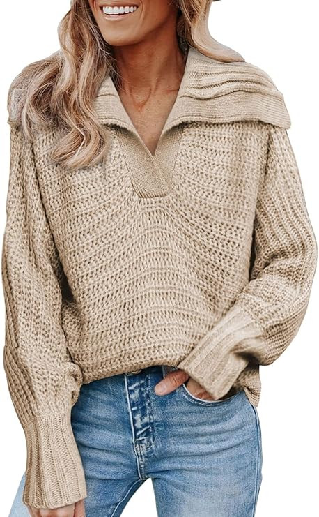 Dokotoo Women V Neck Long Sleeve Sweaters Casual Solid Color Collared Knit Sweater Pullover Tops | Amazon (US)