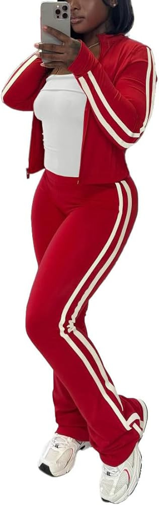 HBQ Women's 2 Piece Sweatsuit Sets Zip Up Crop Tops and Flare Pants Casual Striped Tracksuit Jogg... | Amazon (US)