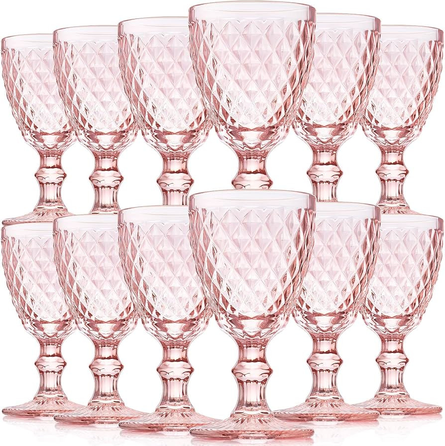 Lallisa 12 Pcs Pink Wine Glass Set Vintage Glassware Pink Goblets 8 oz Embossed Drinking Glass wi... | Amazon (US)