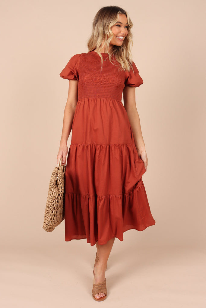 Naura Shirred Tiered Midi Dress - Rust | Petal & Pup (US)