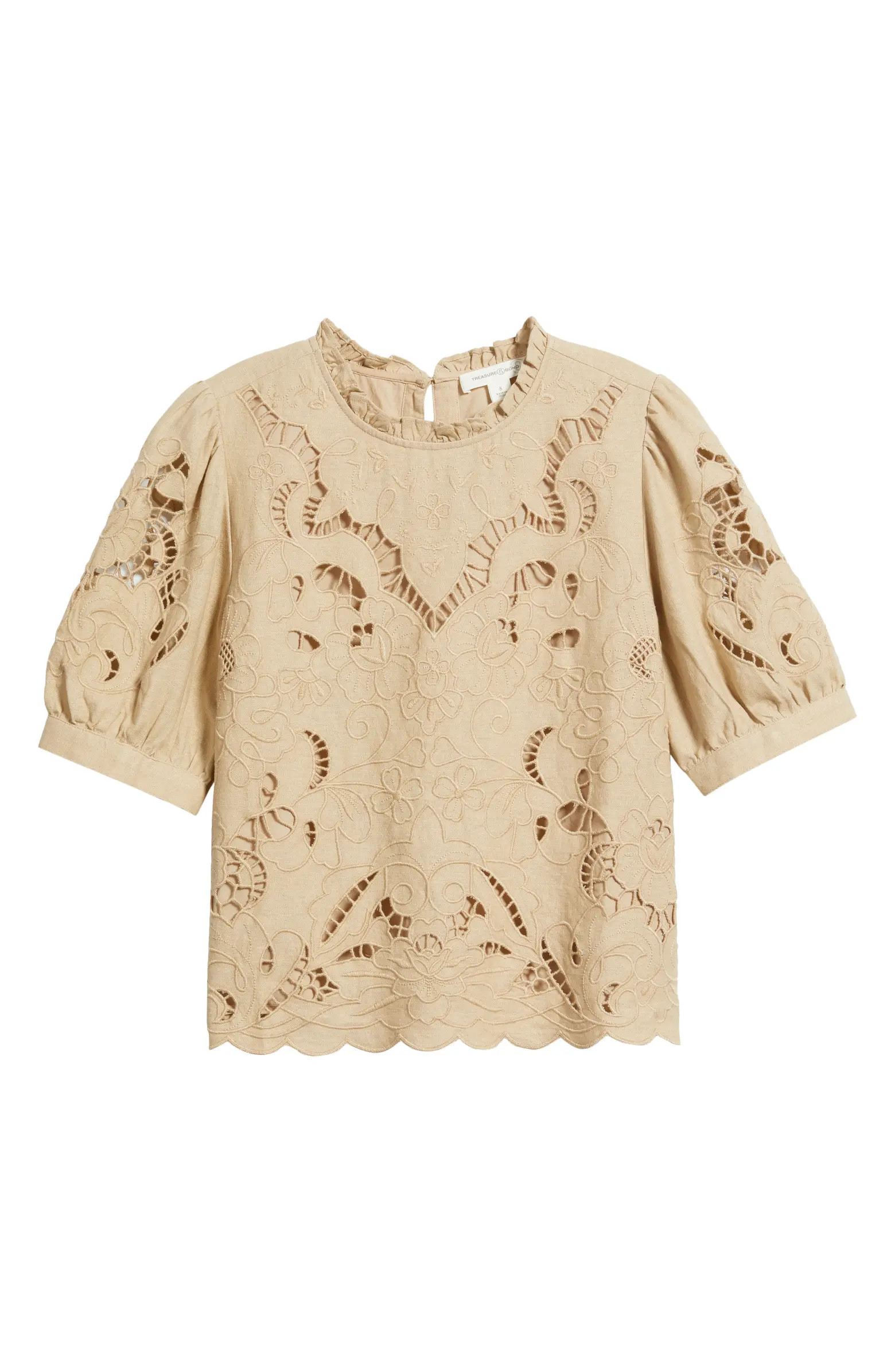 Embroidered Cutwork Puff Sleeve Linen Blend Top | Nordstrom